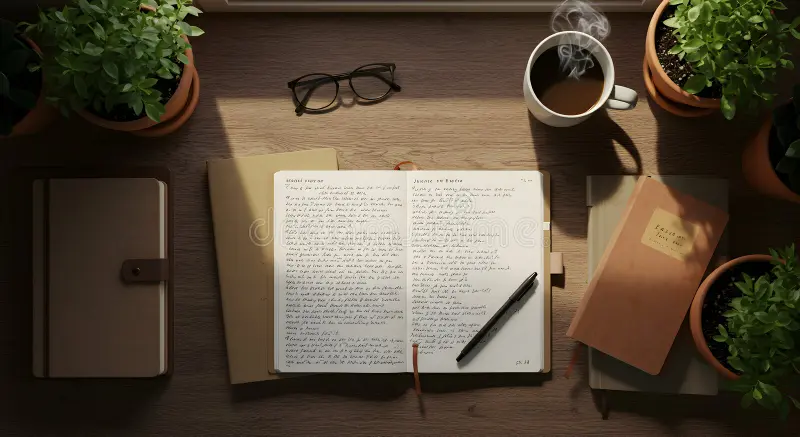 Open habit tracking journal with handwritten evening routine notes and a pen on a wooden desk